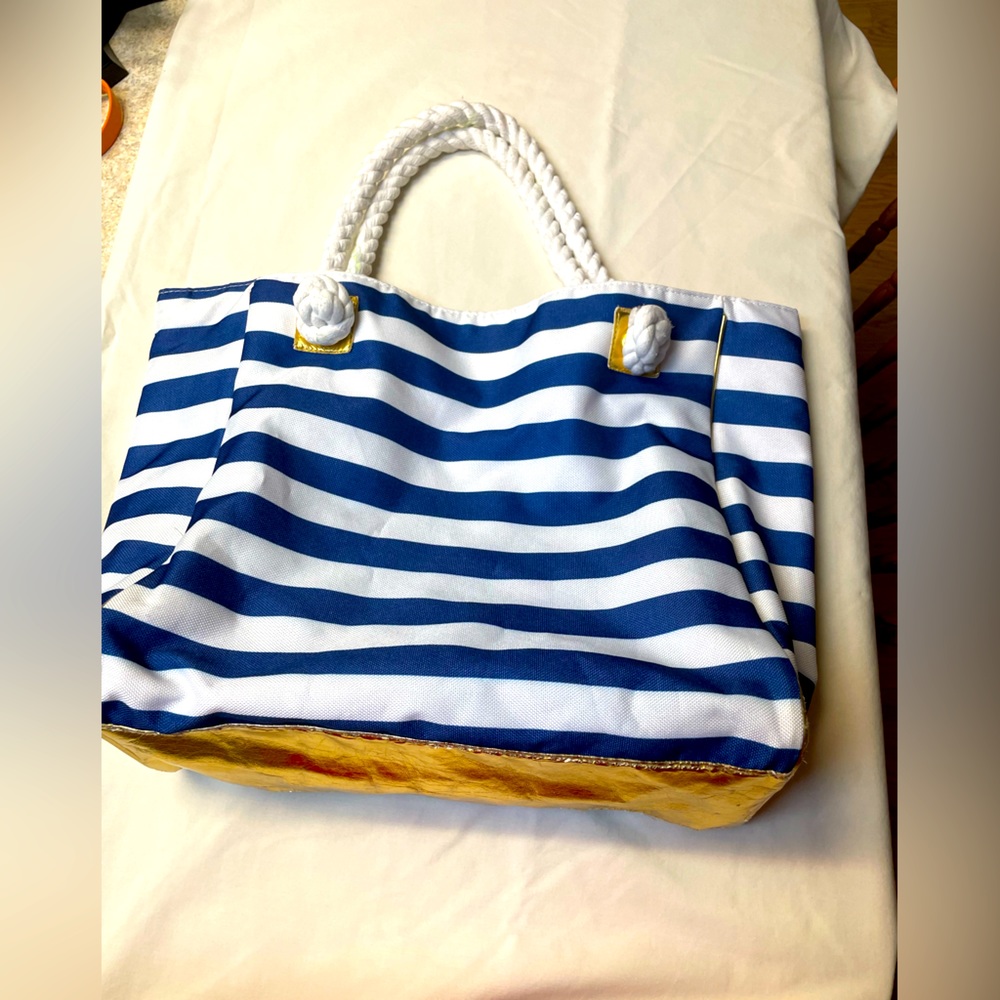 Blue and white striped tote